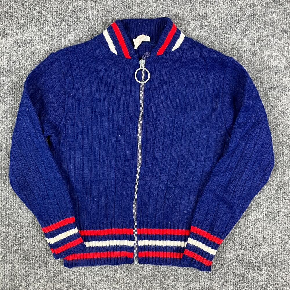 St‎ Michael Sweater Boys 7-8 Blue Full Zip Vintage Knit Ribbed Striped Retro